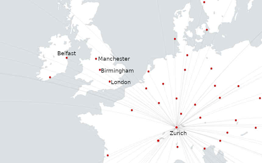 Swiss International Airline UK Route Map
